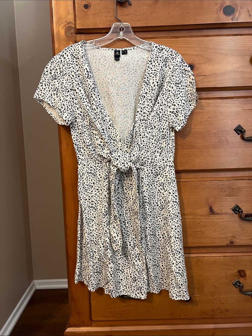 Volcom Ivory and Black Dotted Tie-Front Dress